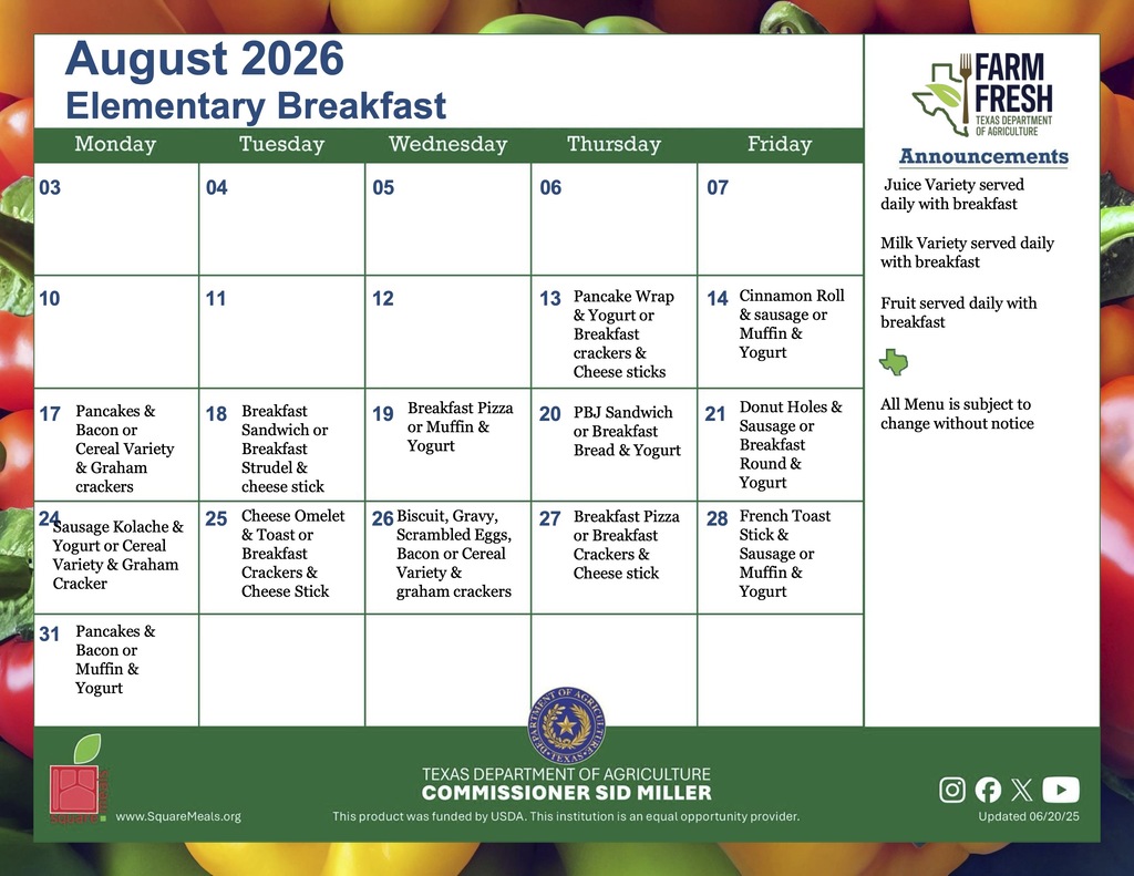 August Elementary Breakfast menu