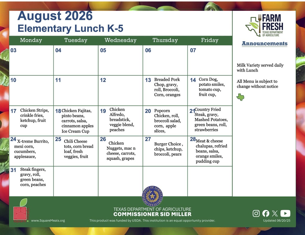 August Elementary lunch menu