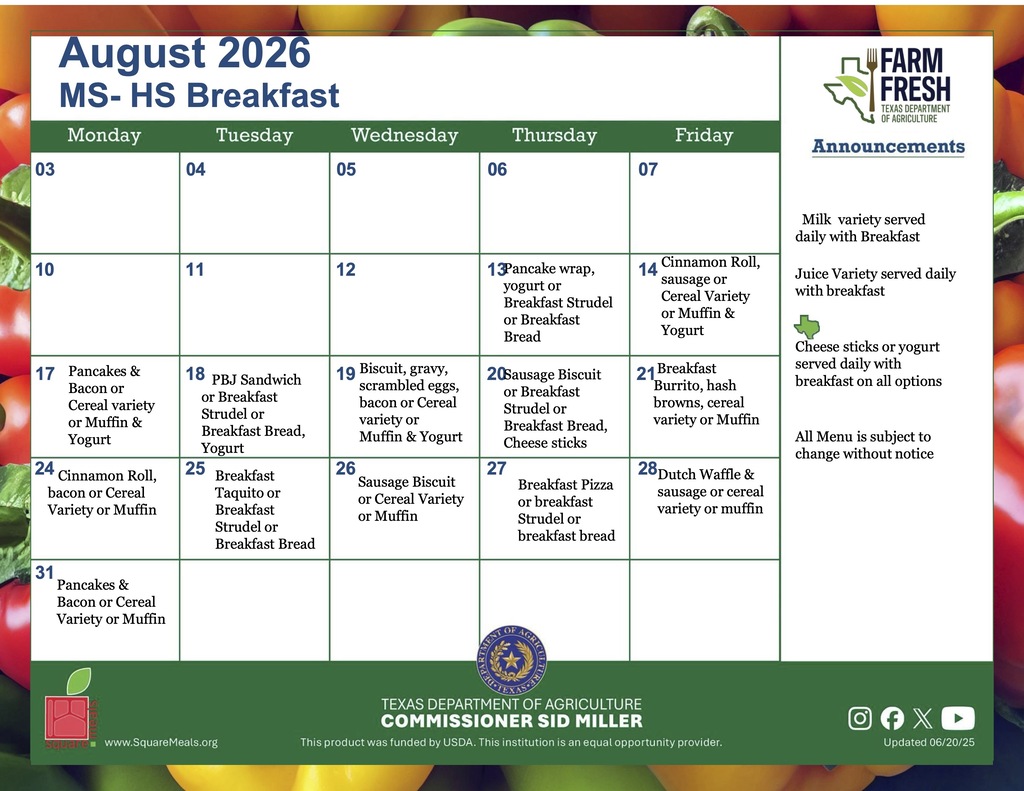 august middle school and high school breakfast menu