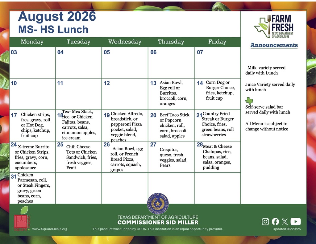 august middle school and high school lunch menu