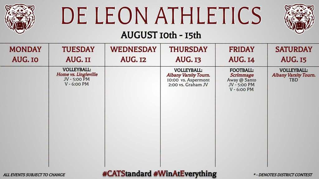 de leon athletics week at a glance calendar graphic and text