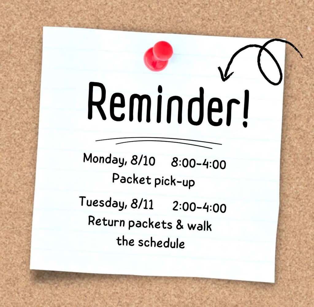 reminder about packet pick up and walk the schedule text for monday and tuesday