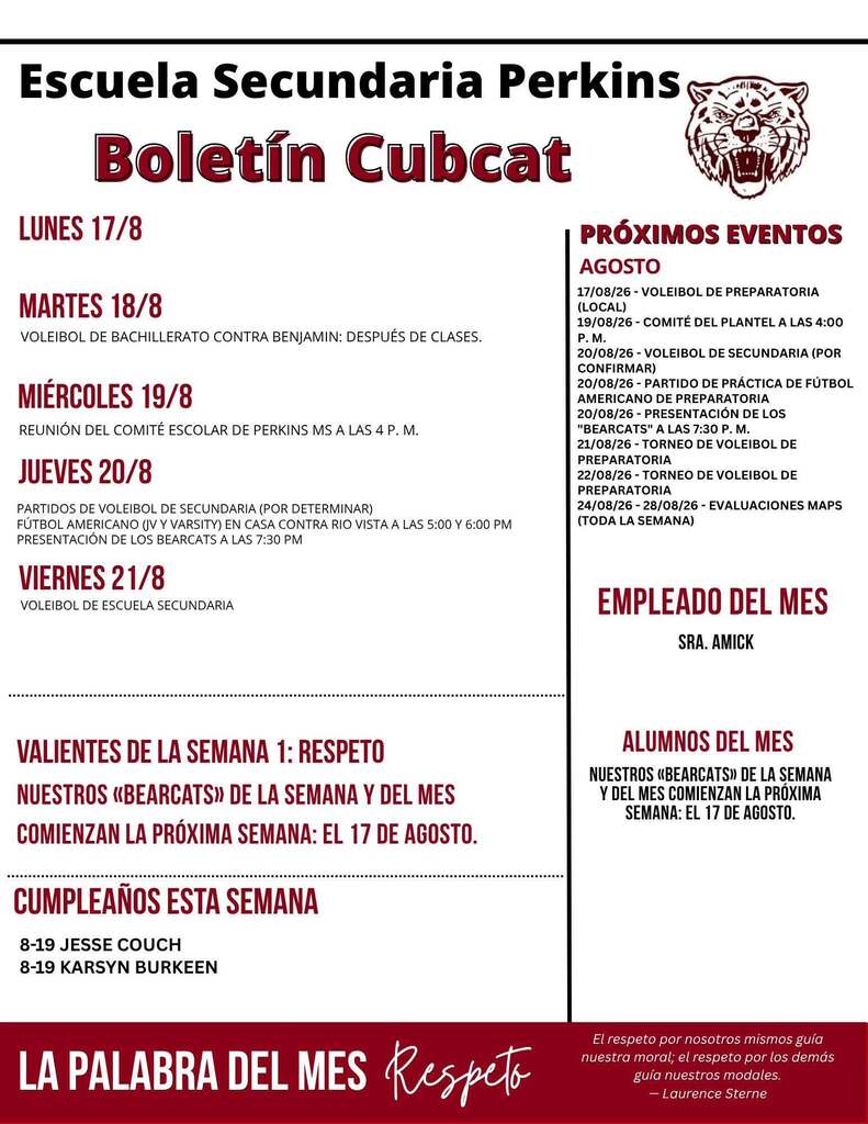 perkins middle school cubcats bulletin report graphic in spanish