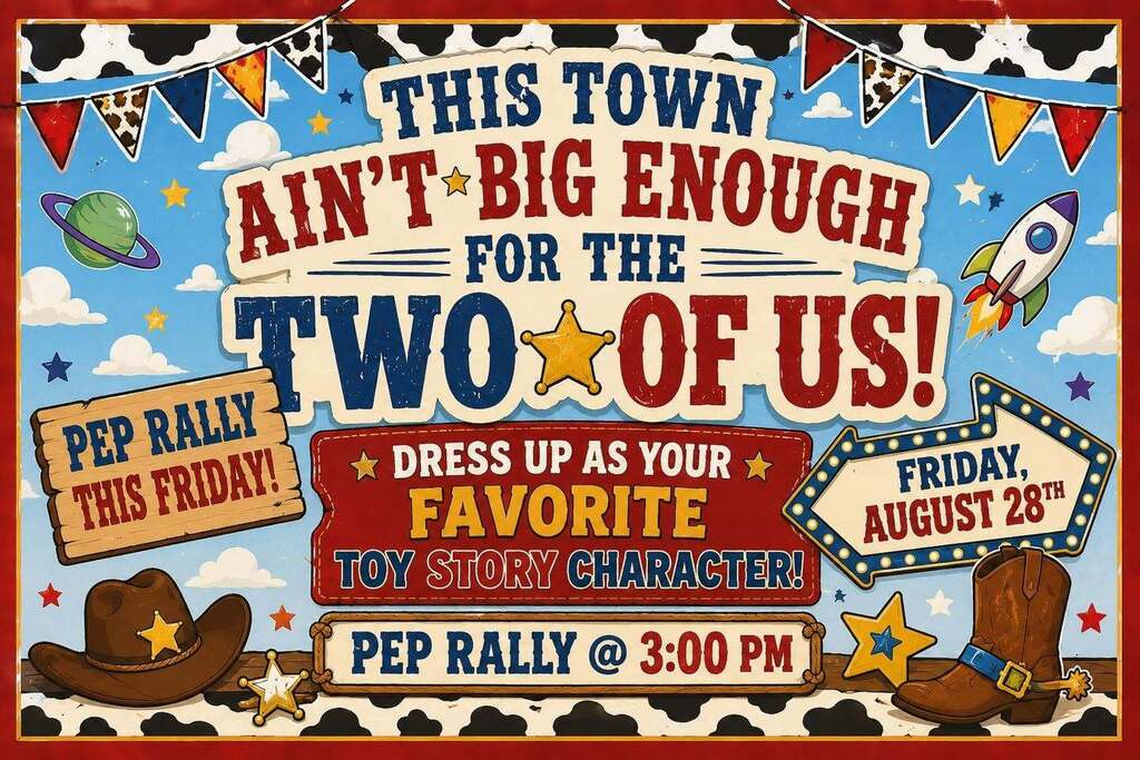 toy story theme pep rally for varsity football today