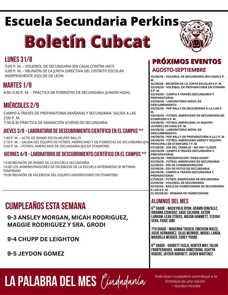 perkins middle school cubcats bulletin in spanish