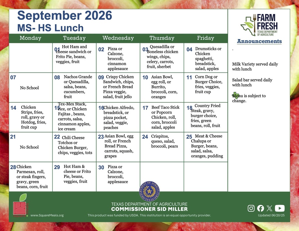 September 2026 Middle School & High School lunch menu
