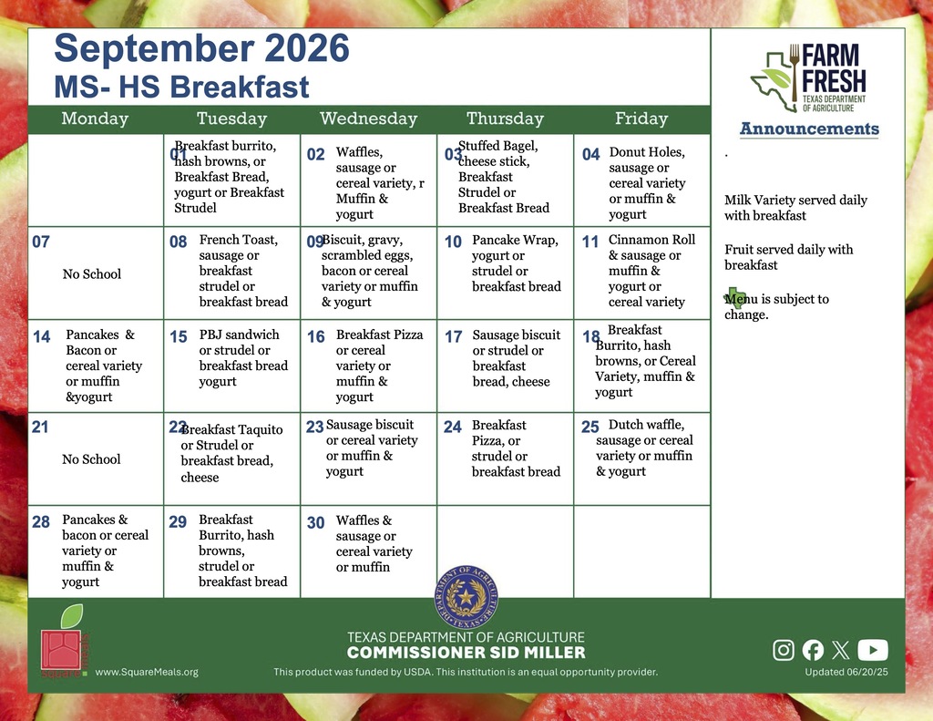 September 2026 Middle School & High School breakfast menu