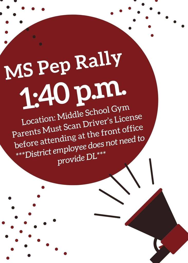 Middle school pep rally at 1:40pm in middle school gym text flyer