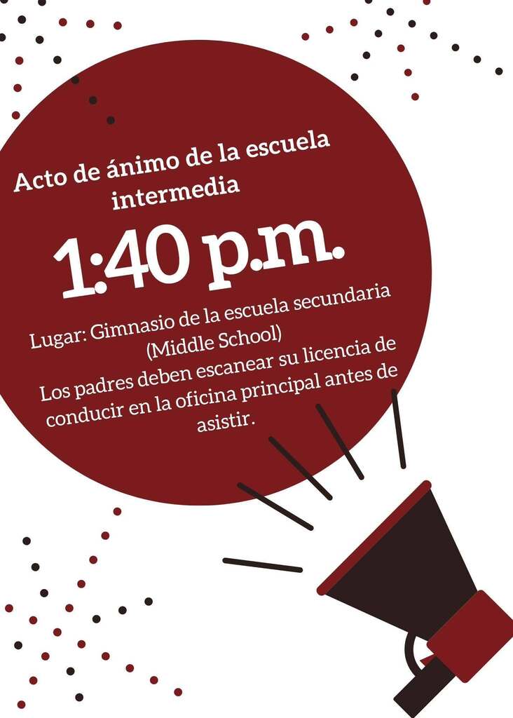 Middle school pep rally at 1:40pm in middle school gym text flyer in spanish