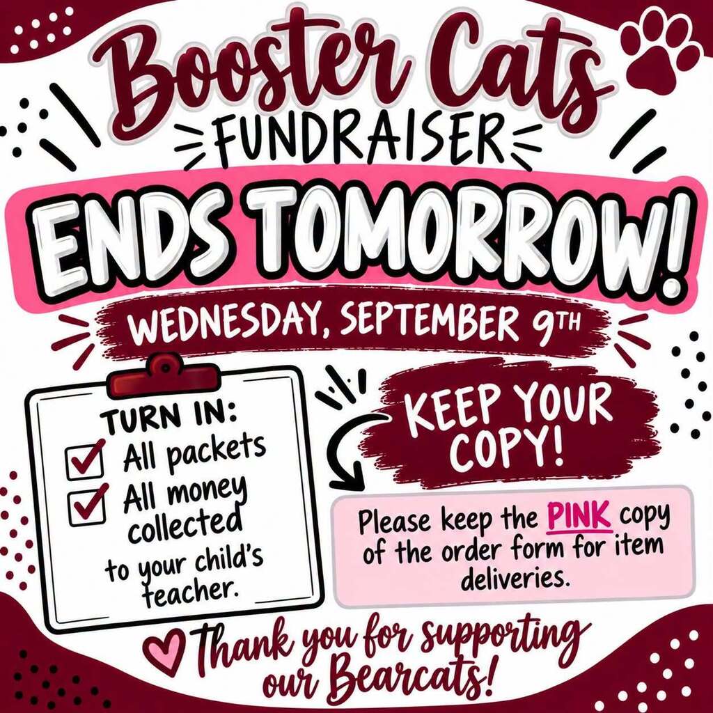 booster cats fundraiser ends tomorrow wednesday september 9th reminder text flyer