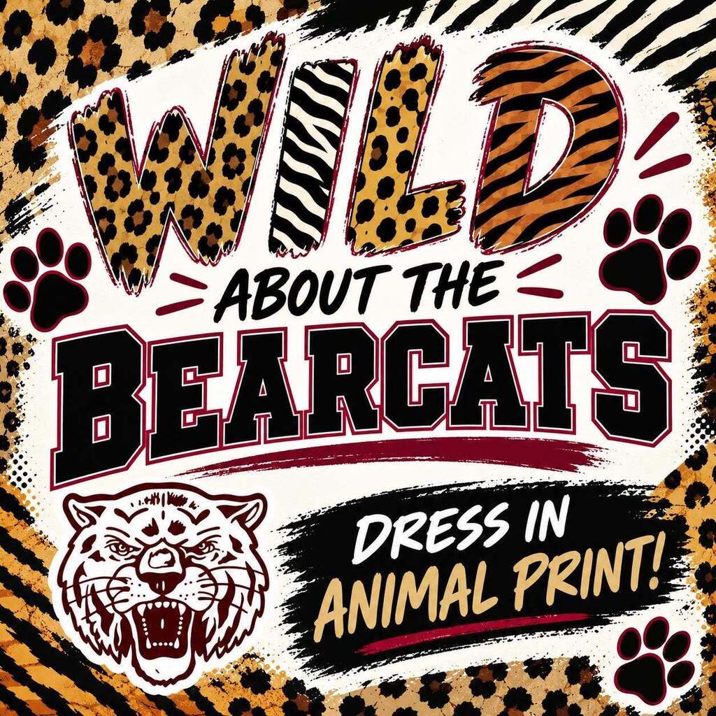 wild about the bearcats dress in animal print text with animal print background