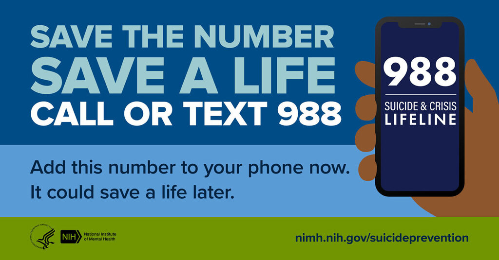 save the number save a life call or text 988 suicide prevention text graphic