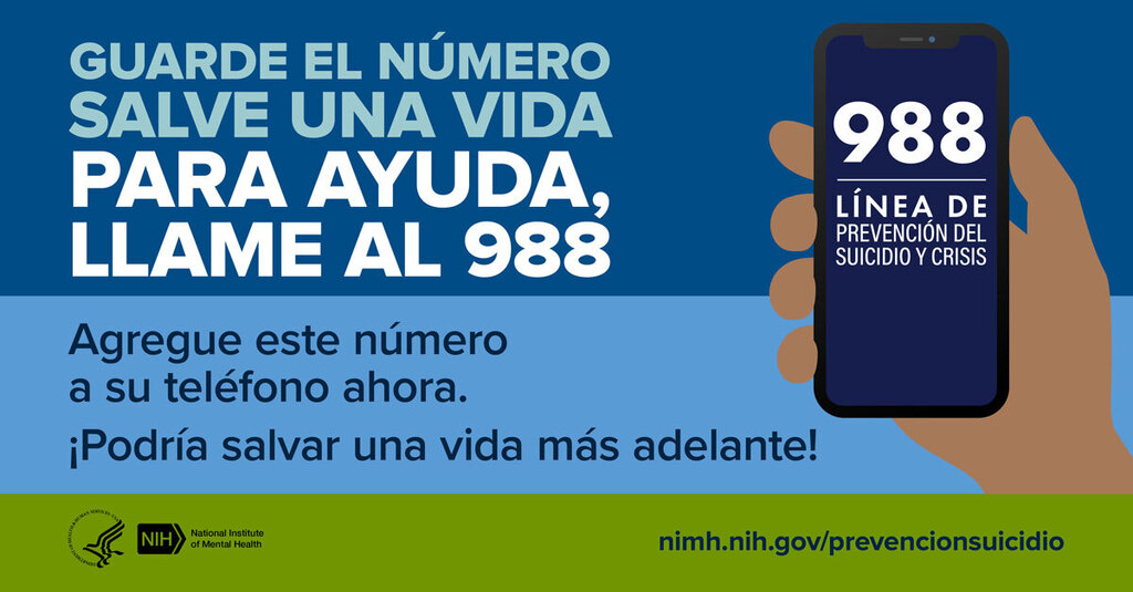 save the number save a life call or text 988 suicide prevention text graphic in spanish
