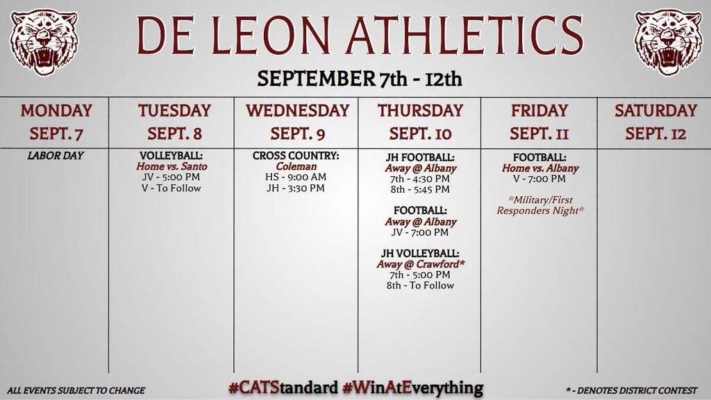 de leon athletics week at a glance september 7th to 12th text chart