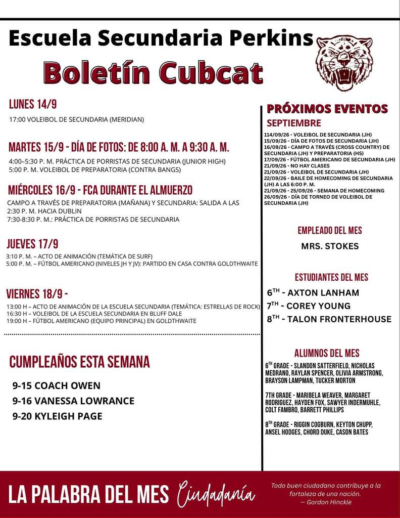 perkins middle school cubcats bulletin in spanish