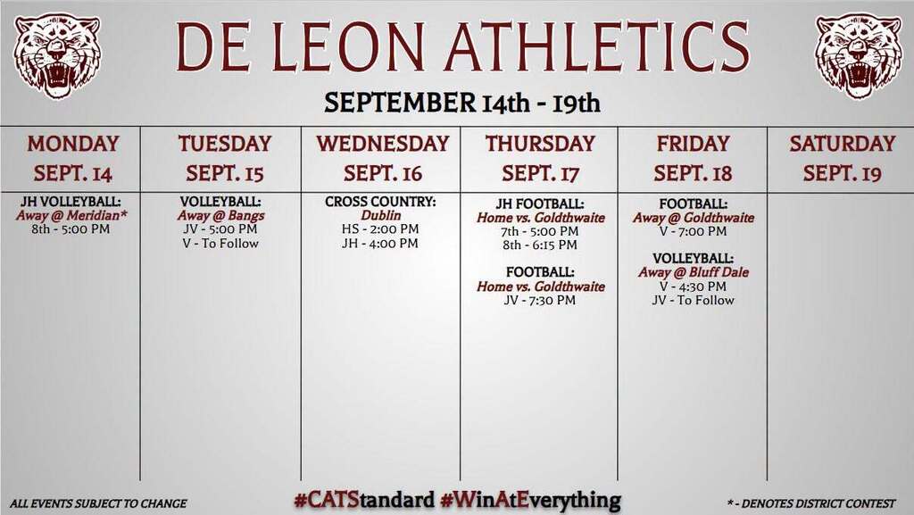 de leon athletics week at a glance september 14th to the 19th text graph 