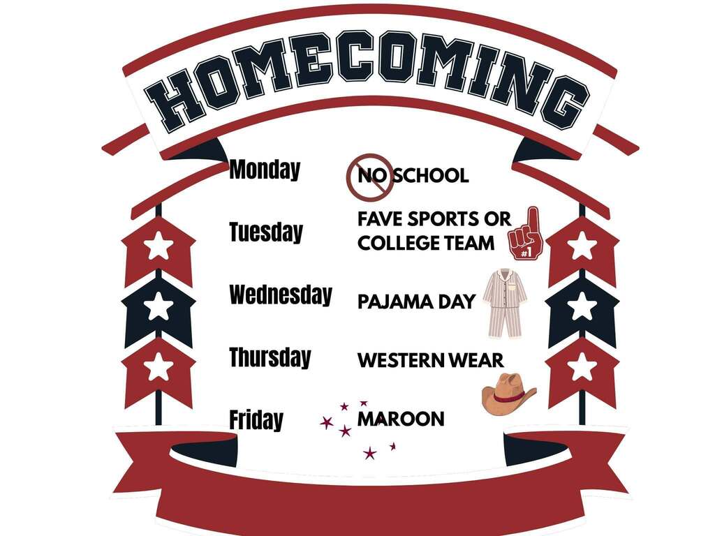 homecoming week dress up day list text and maroon banner and upward arrow on sides of text