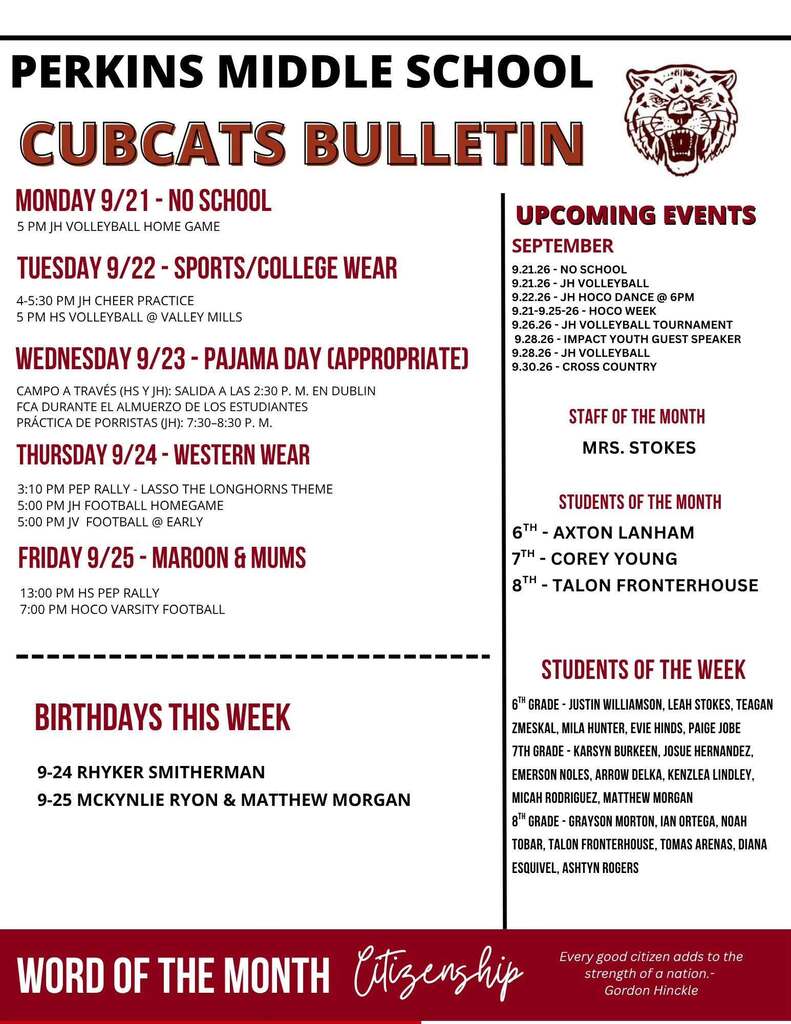 perkins middle school cubcats bulletin