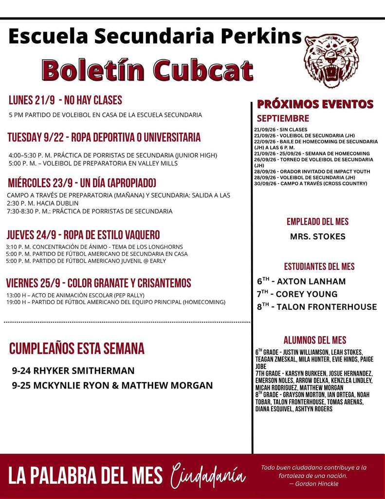 perkins middle school cubcats bulletin in spanish