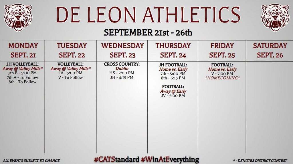 de leon athletics week at a glance september 21st to 26th text graph