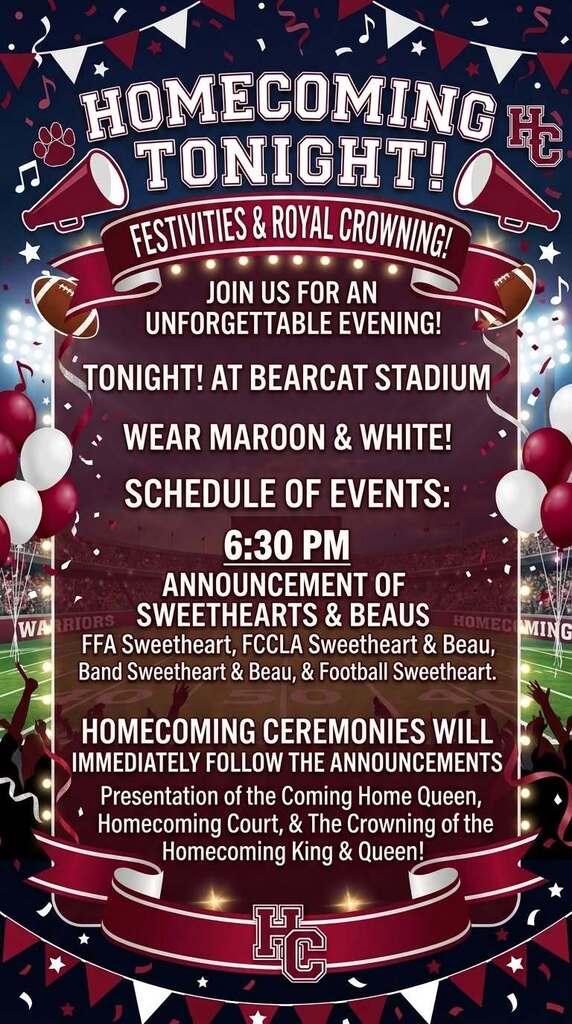 Homecoming festivities and royal crowning text graphic