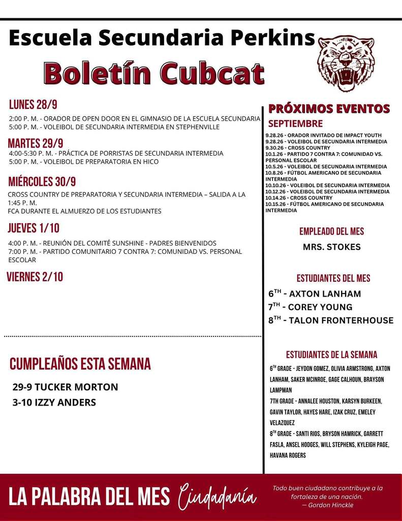 perkins middle school cubcats bulletin text graphic in spanish