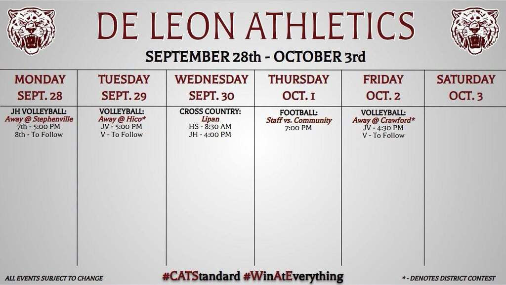 de leon athletics week at a glance week of september 28th to october 3rd text chart