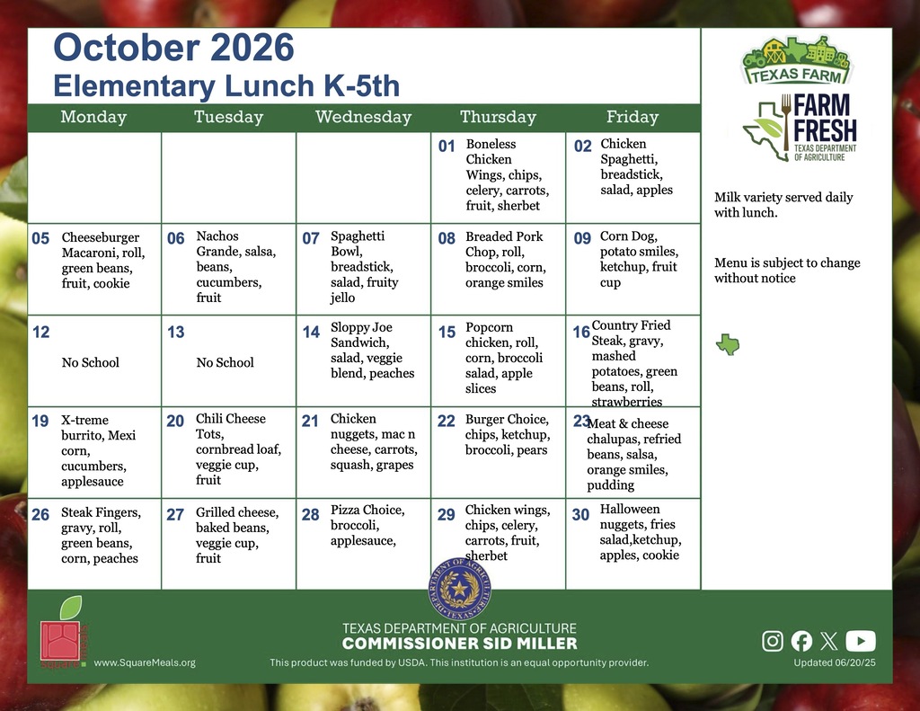 October Elementary K-5th Lunch Menu
