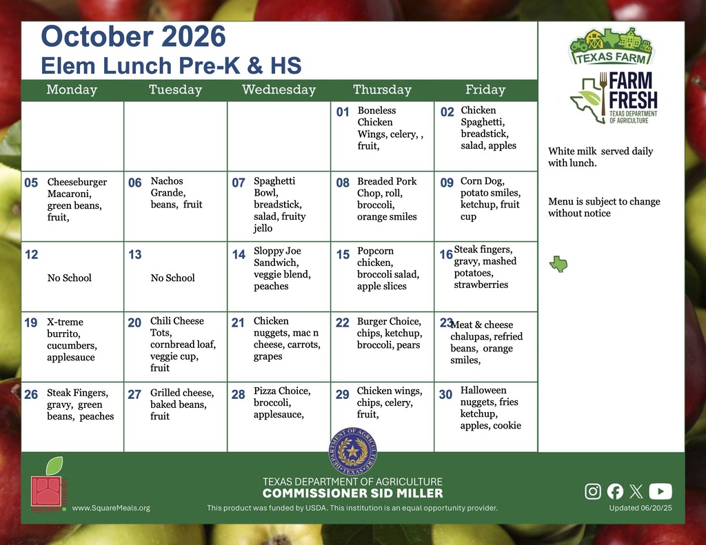 October Elementary Pre K and Head Start Lunch Menu