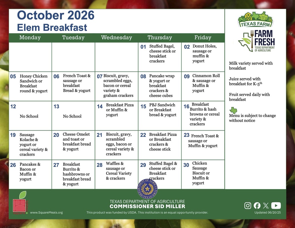 October Elementary Breakfast Menu