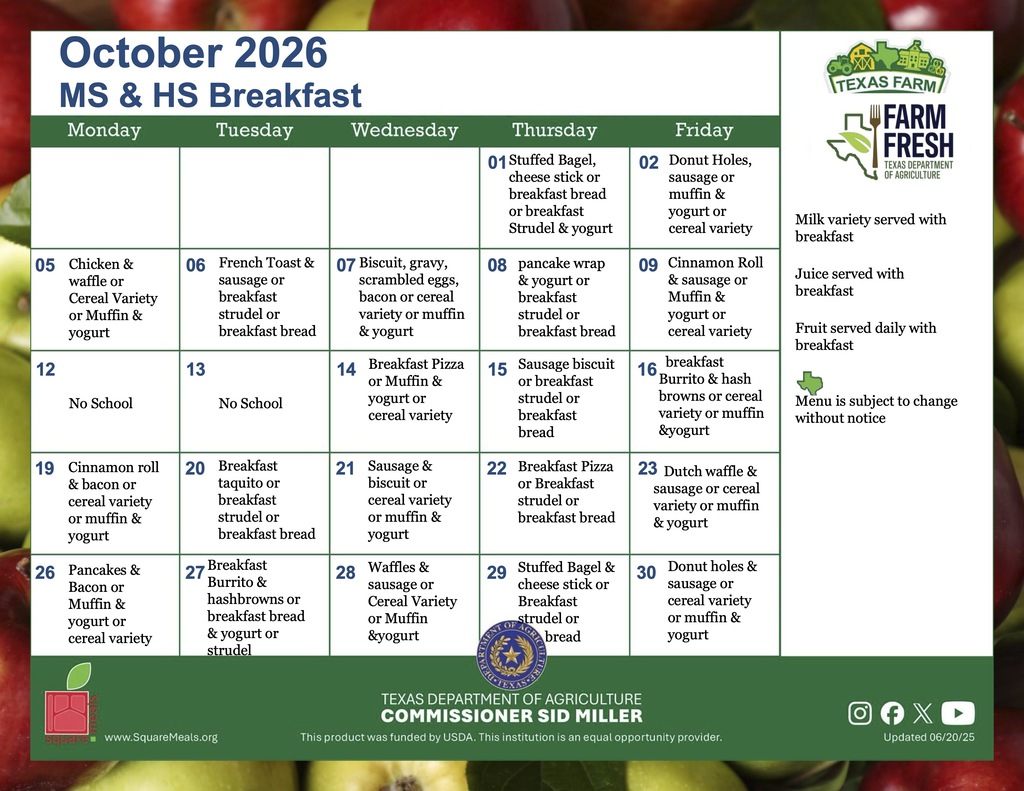 October MS & HS Breakfast Menu