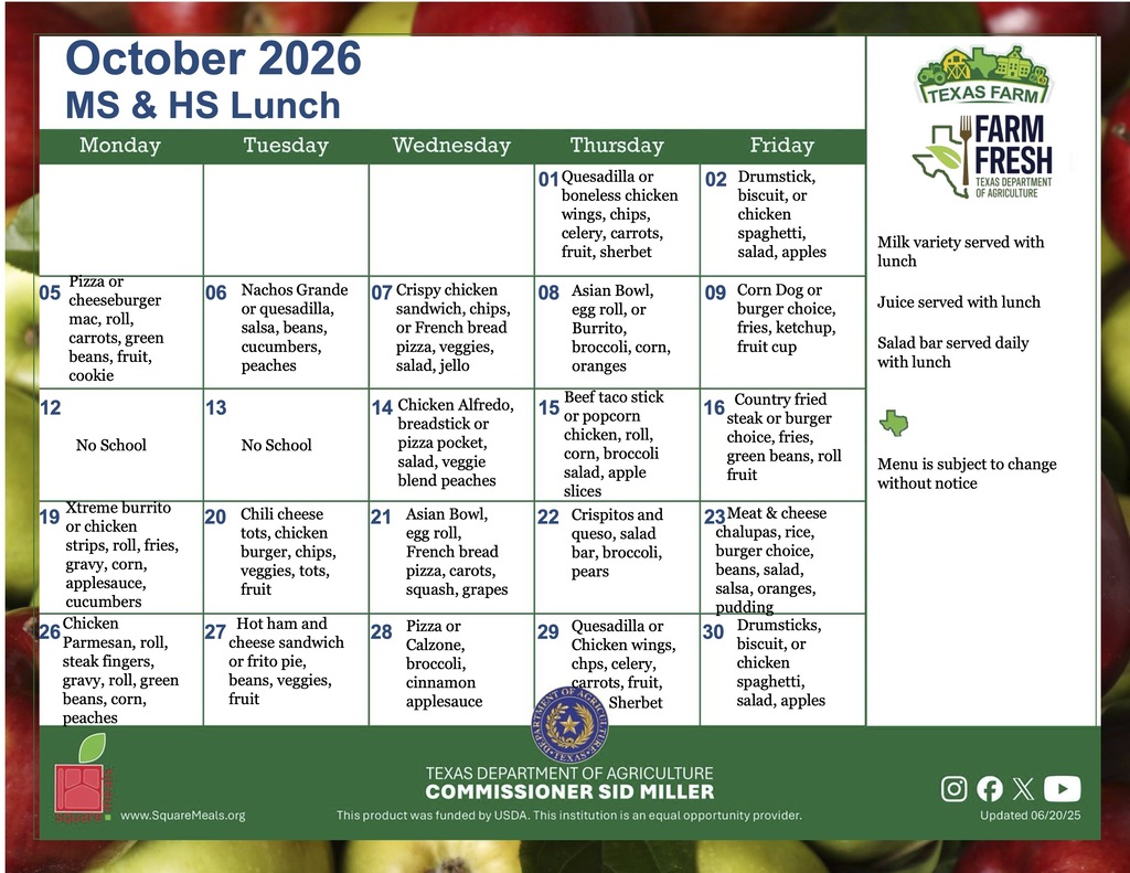 October MS & HS Lunch Menu