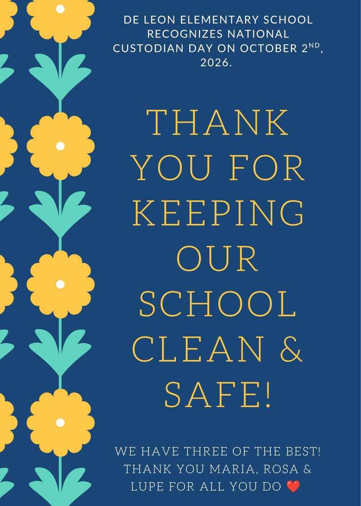 Thank you text to our custodians on custodian day with yellow flowers graphic