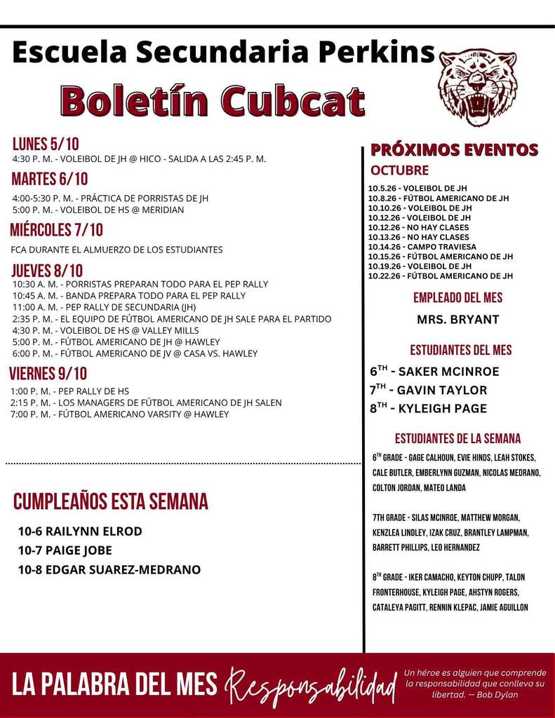 perkins middle school cubcats bulletin text graphic in spanish