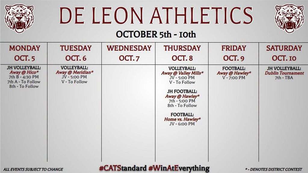 de leon athletics week at a glance october 5th to 10th text chart