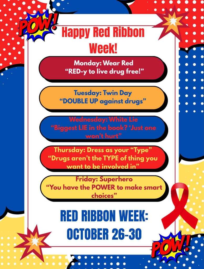 Red Ribbon week dress up days for october 26 through the 30th text color graphic