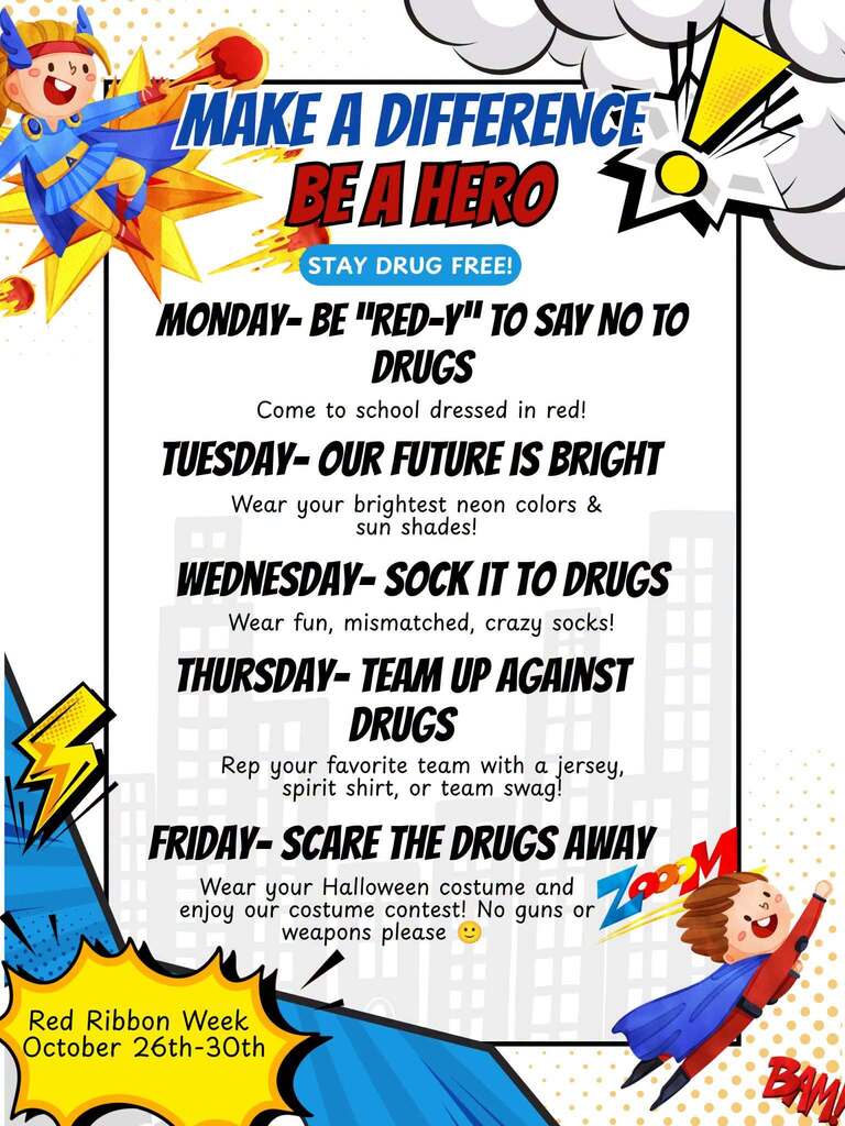 red ribbon week dress up days text and superhero graphics