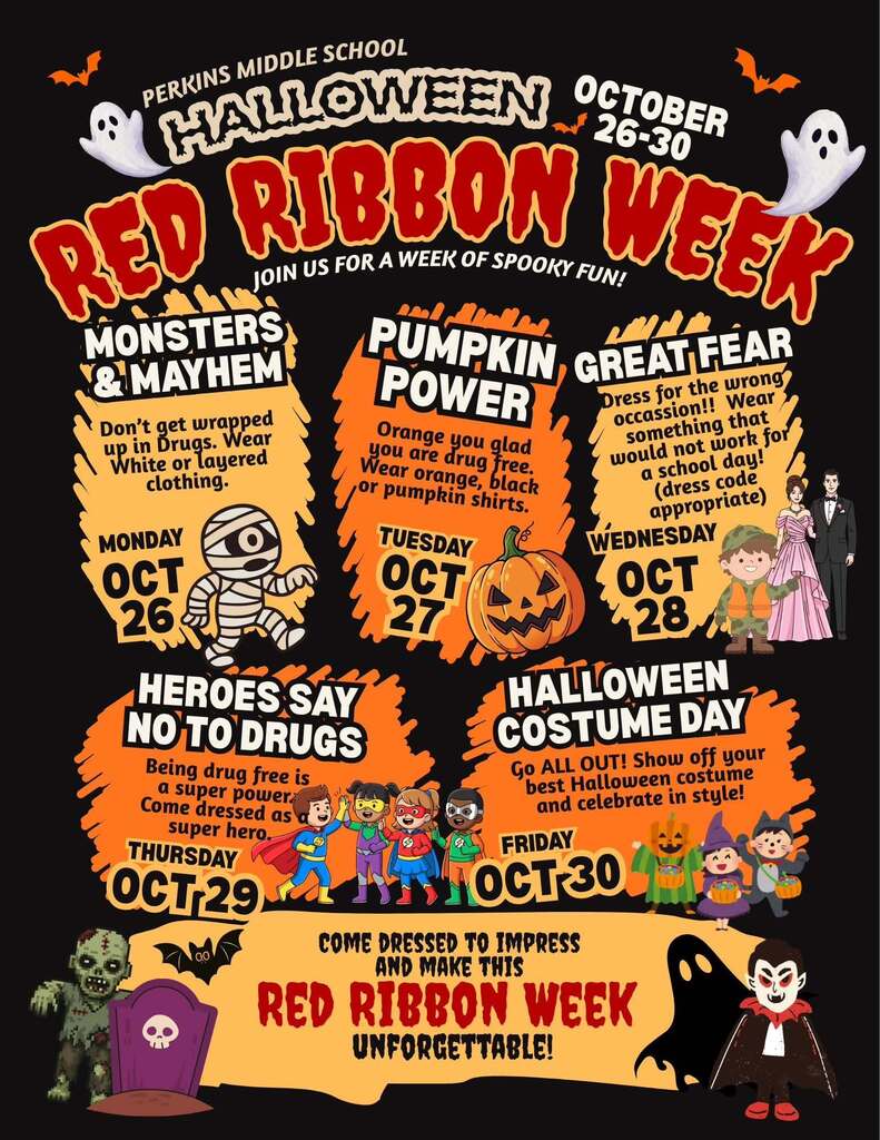 perkins middle school red ribbon week october 26-30 dress up days text and halloween graphics flyer