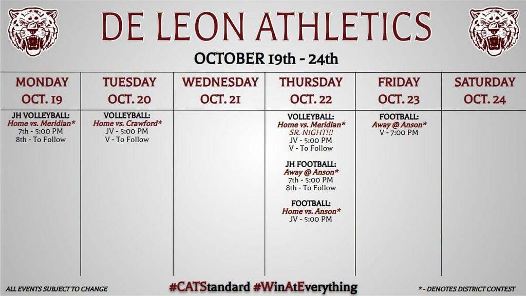 de leon athletics week at a glance for october 19th through the 24th text graph