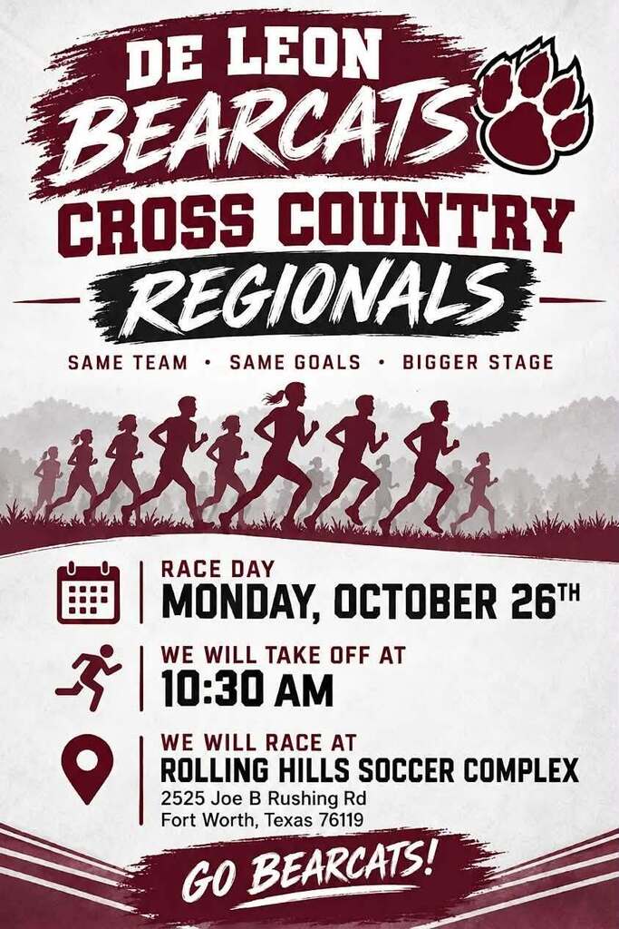de leon cross country race day text info