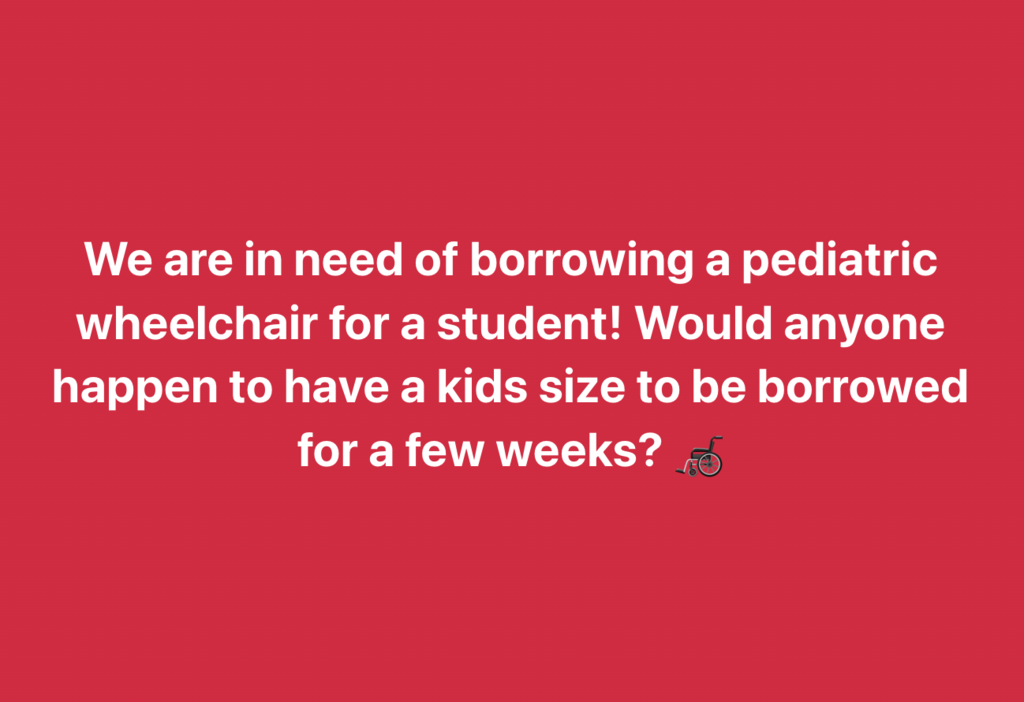 facebook post text about in search of pediatric wheelchair