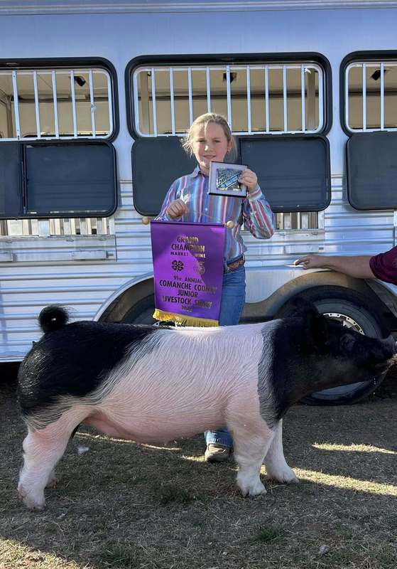 grand champion market swine and ffa student in front of trailer