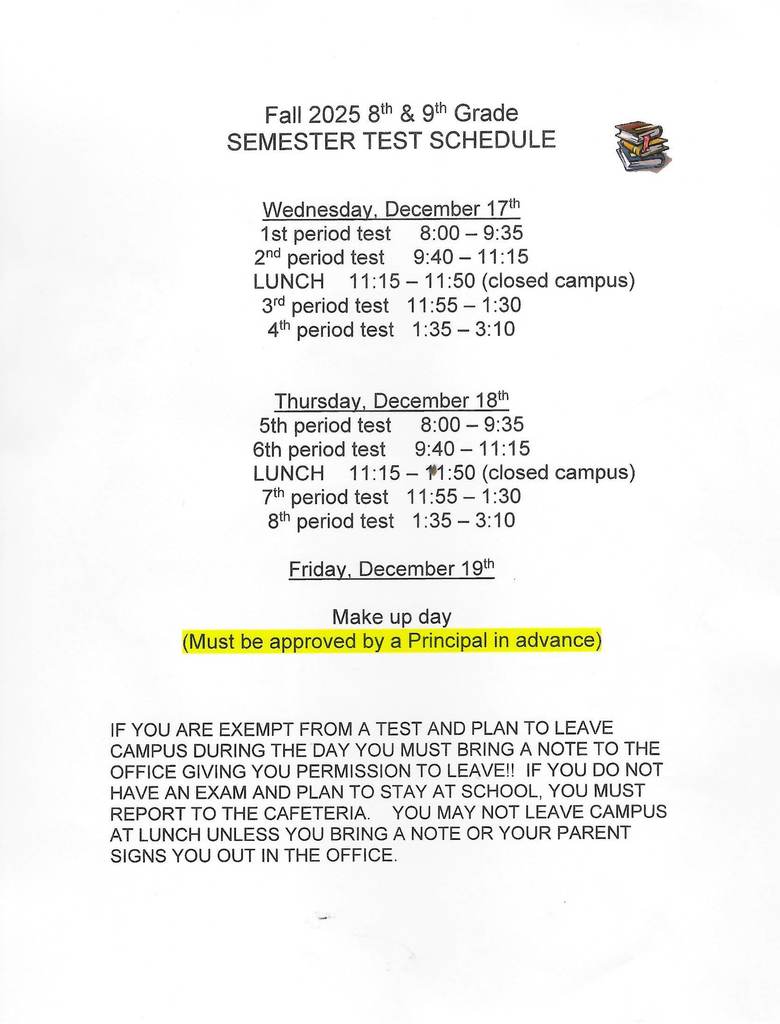 De Queen Junior High Fall 2025 Semester Test Schedule