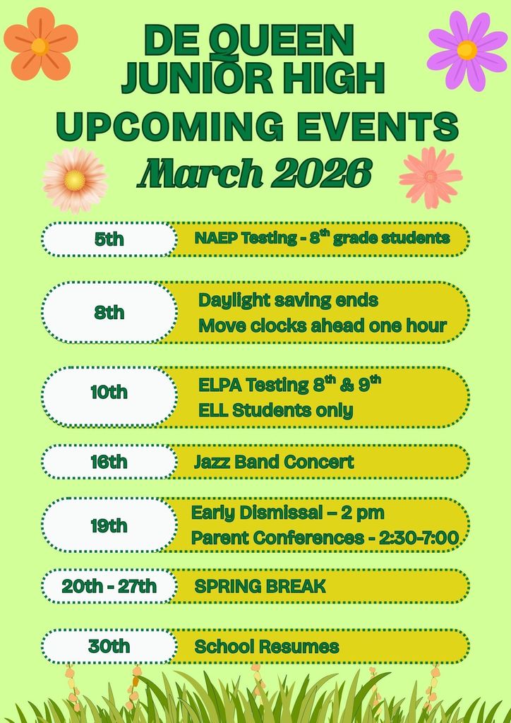 Upcoming events poster for De Queen Junior High, featuring dates and activities for students and parents.