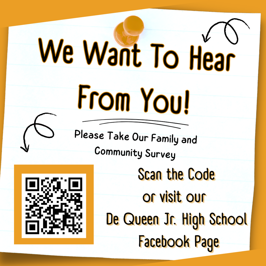 A note pinned with a pushpin reads, "We Want To Hear From You! Please Take Our Family and Community Survey." Includes a QR code and text about visiting a Facebook page.