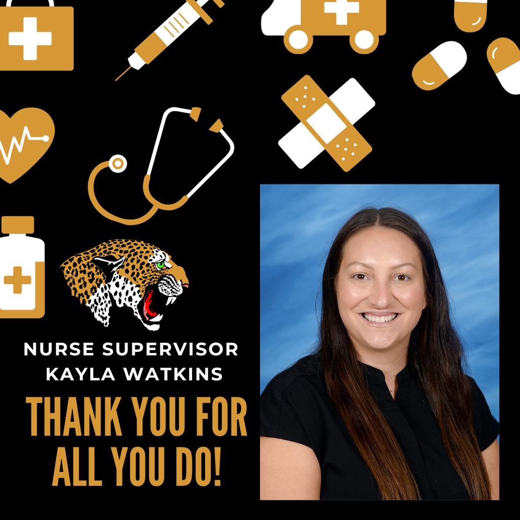 Nurse Supervisor Kayla Watkins Thank you for all you do. Includes a picture of Kayla Watkins, the dequeen leopard head logo and medical supply graphics collage.