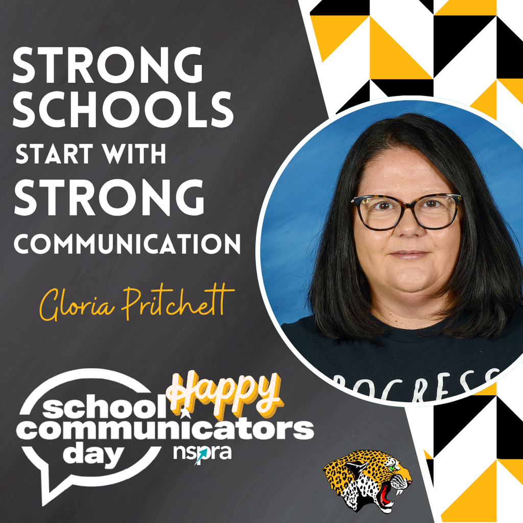 Graphic for School Communicators Day featuring a portrait of Gloria Pritchett on a black, white, and gold background with geometric patterns. Large white text reads “Strong Schools Start With Strong Communication.” Her name appears in gold script lettering. The graphic also includes the School Communicators Day and NSPRA logos along with a De Queen Leopards logo at the bottom.
