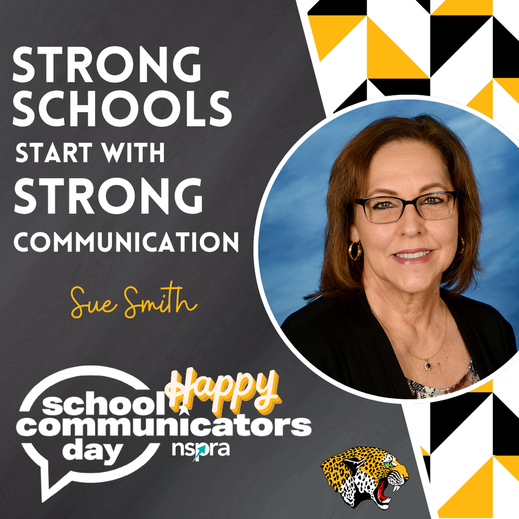 Graphic for School Communicators Day featuring a portrait of Sue Smith on a black, white, and gold background with geometric patterns. Large white text reads “Strong Schools Start With Strong Communication.” Her name appears in gold script lettering. The graphic also includes the School Communicators Day and NSPRA logos along with a De Queen Leopards logo at the bottom.