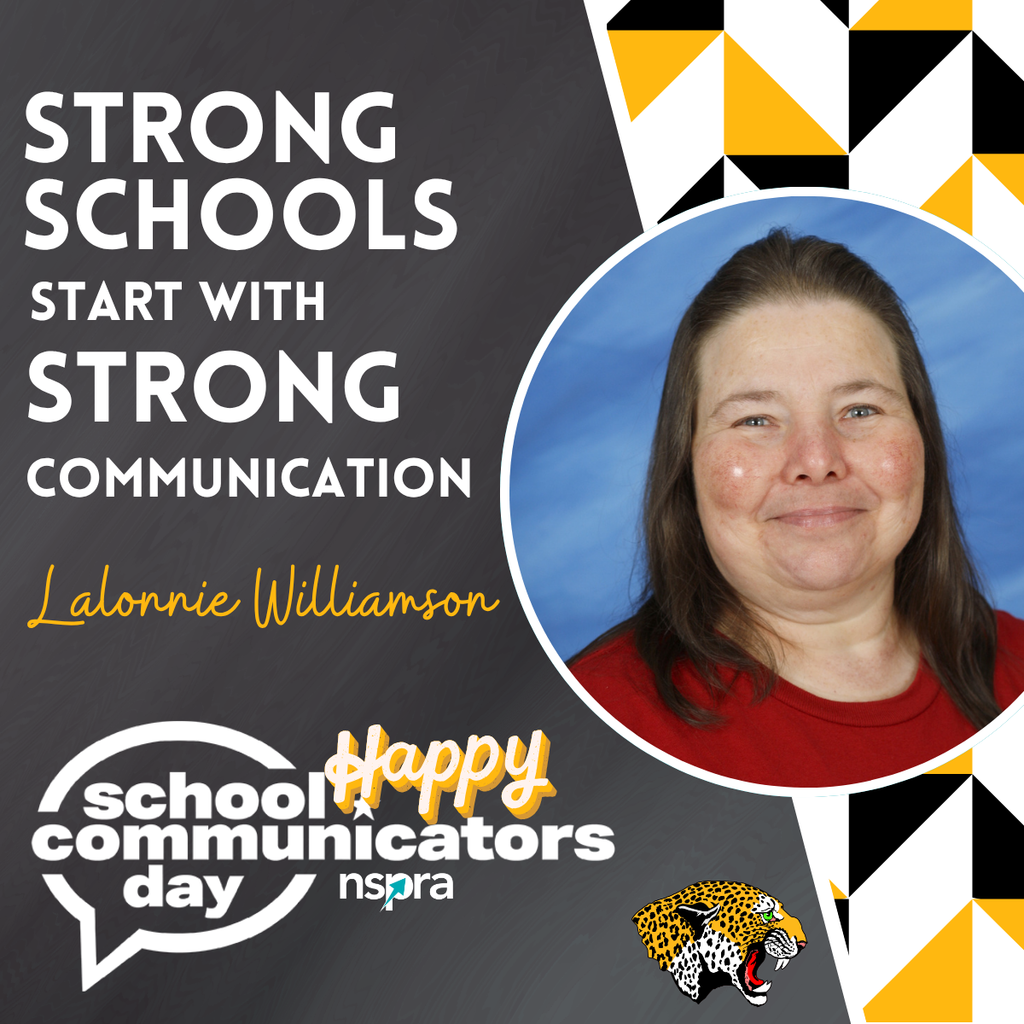 Graphic for School Communicators Day featuring a portrait of Lalonnie on a black, white, and gold background with geometric patterns. Large white text reads “Strong Schools Start With Strong Communication.” Her name appears in gold script lettering. The graphic also includes the School Communicators Day and NSPRA logos along with a De Queen Leopards logo at the bottom.