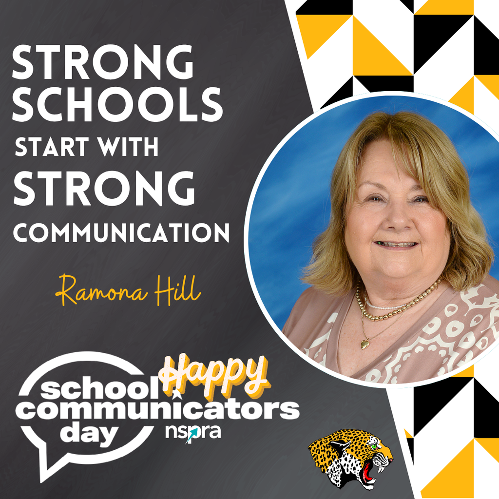 Graphic for School Communicators Day featuring a portrait of Ramona Hill on a black, white, and gold background with geometric patterns. Large white text reads “Strong Schools Start With Strong Communication.” Her name appears in gold script lettering. The graphic also includes the School Communicators Day and NSPRA logos along with a De Queen Leopards logo at the bottom.